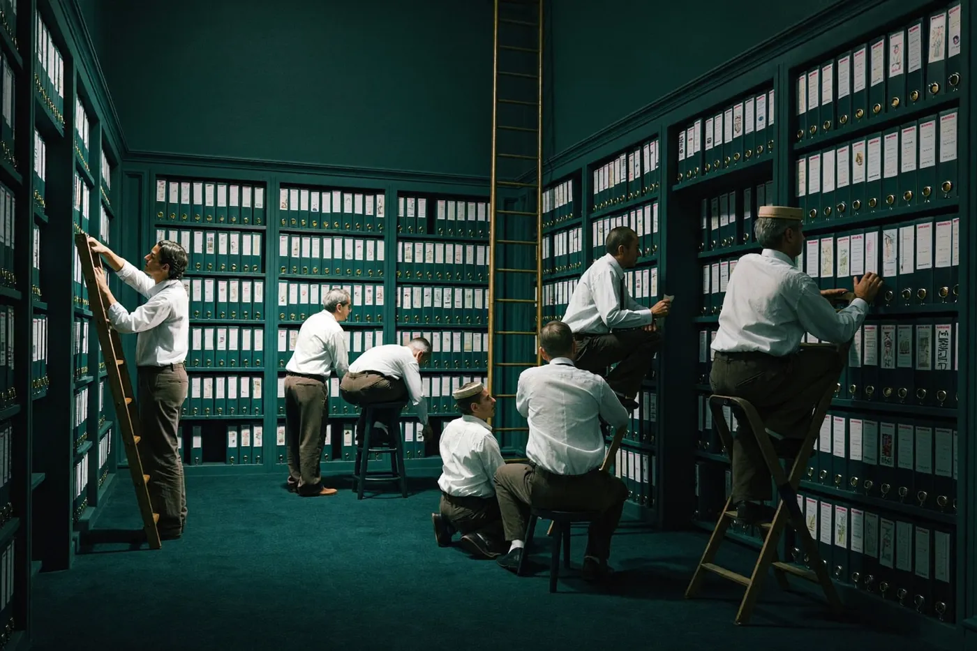 Archive of labeled document boxes in dramatic light